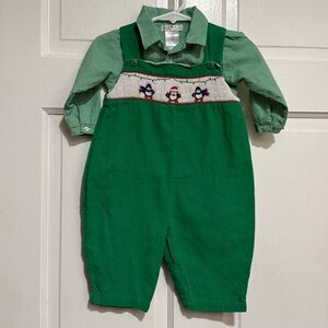 Smocked 9 Month Christmas Boys Outfit Long Sleeve Pants Penguin Lights